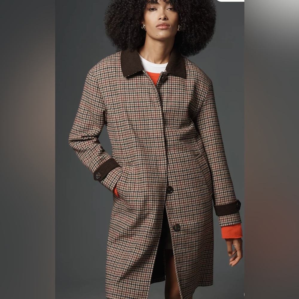 NVLT Brown Multi Houndstooth Barn Coat Medium with Pockets and Corduroy Accents